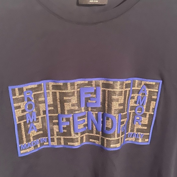 FENDI  Roma Italy T Shirt Logo Short Sleeve Men Size M Crew neck Navy Blue - Picture 2 of 5